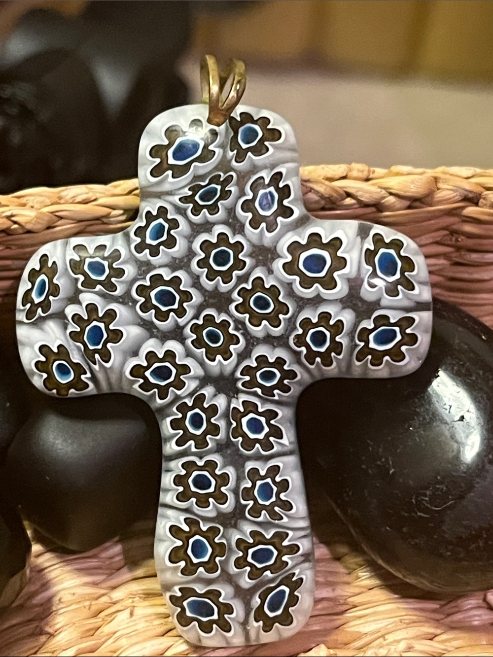Vintage Murano Glass Millefiori Flower Cross Pendant 1.75”